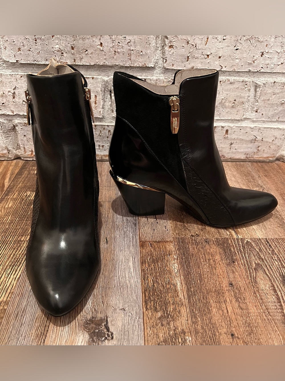Sigerson Morrison Leila Black Leather & Suede Ankle Boots with Gold Trim